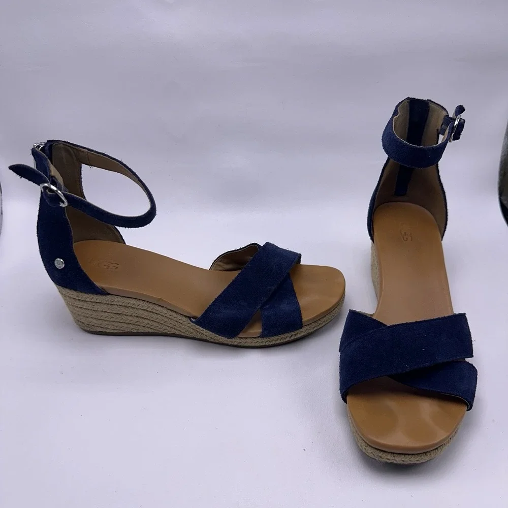 UGG Eugenia Navy Blue Suede Wedge Espadrille Sandals Women's Size 9 Ankle Strap
